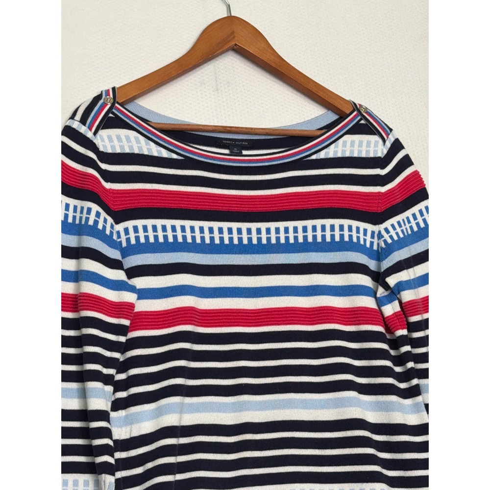 Tommy Hilfiger Womens Striped Boat Neck Sweater Navy Red Blue Button Shoulder M - Picture 2 of 10
